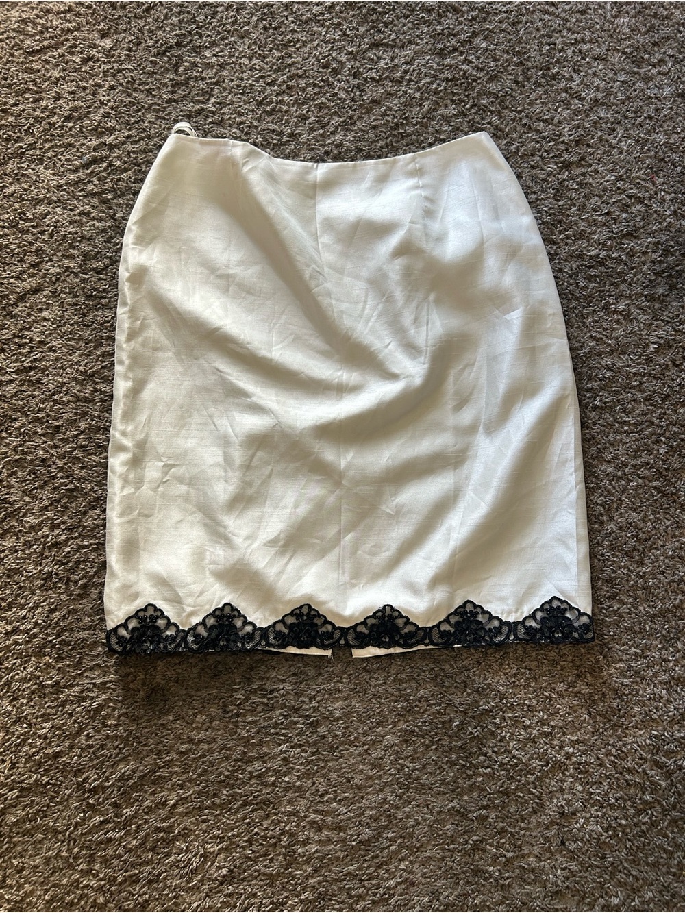 Cachet White Midi Pencil Skirt with Black Lace Hem